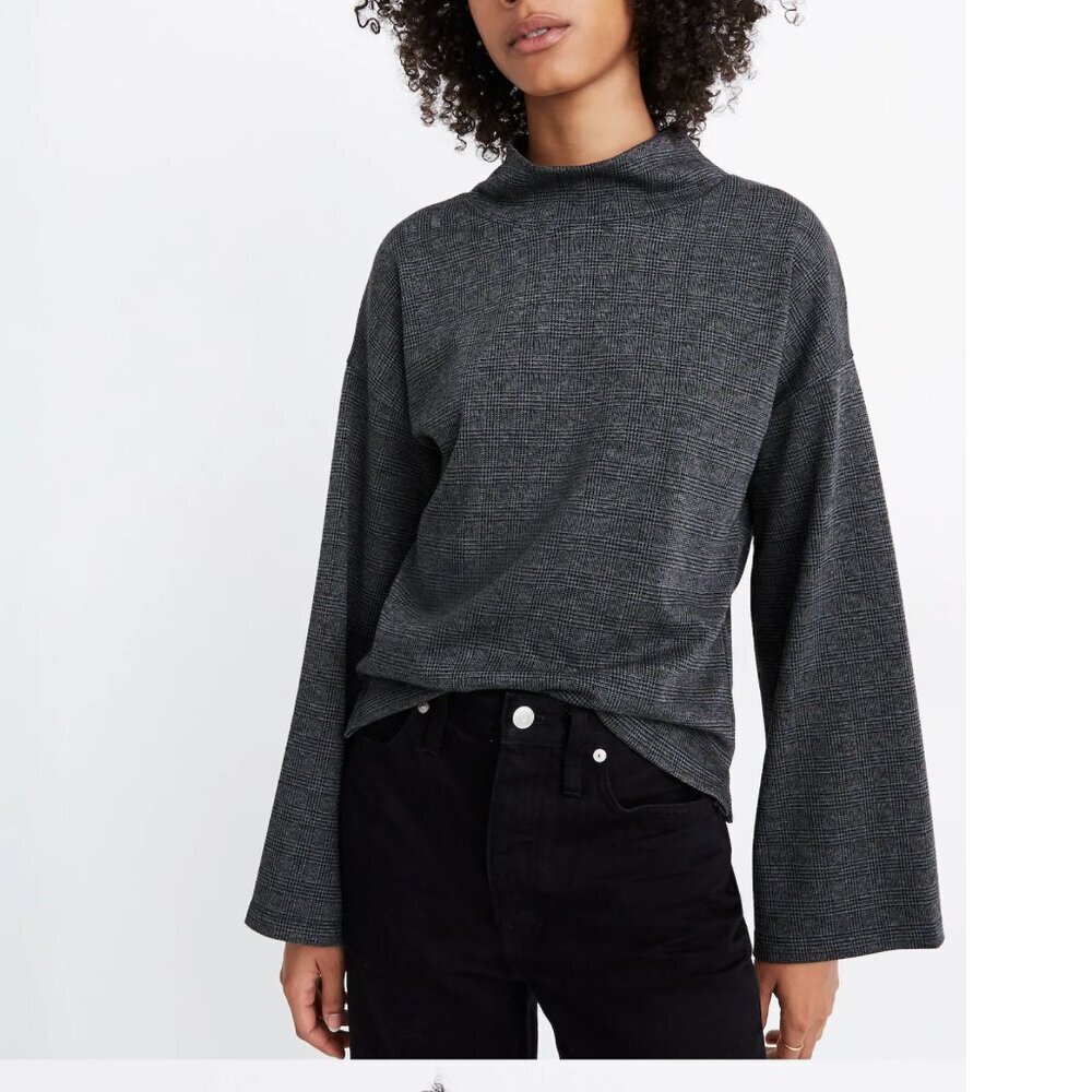 Madewell Grey Glen Plaid Mock Neck Top Med